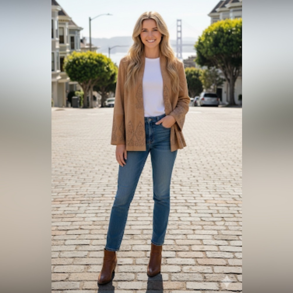 Vintage 100% suede jacket blazer with laser cut detail oversized relaxed fit 4